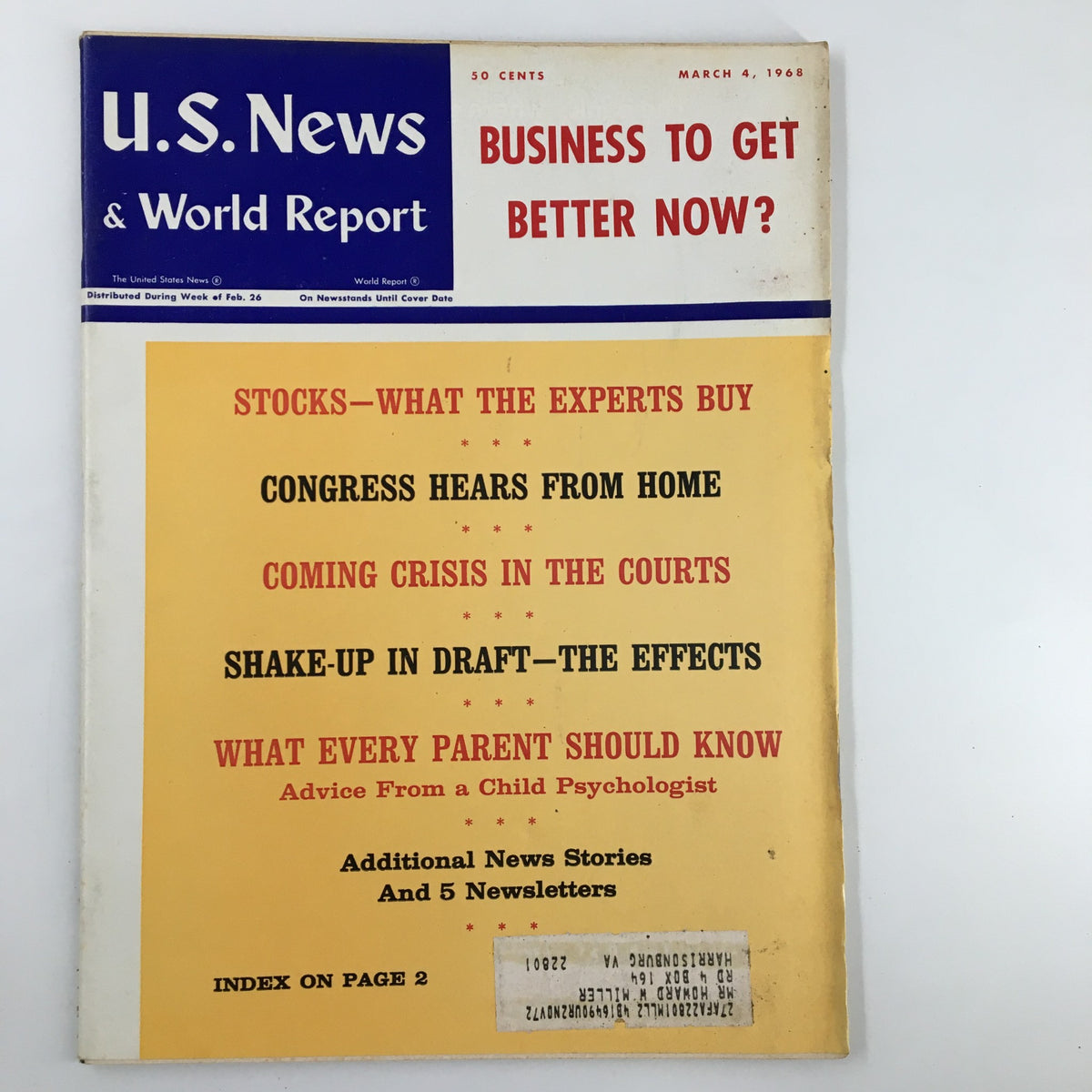 Cover of US News & World Report Magazine from March 4, 1968, featuring the article 'Stocks: What The Experts Buy', highlighting financial insights and topics of that era.