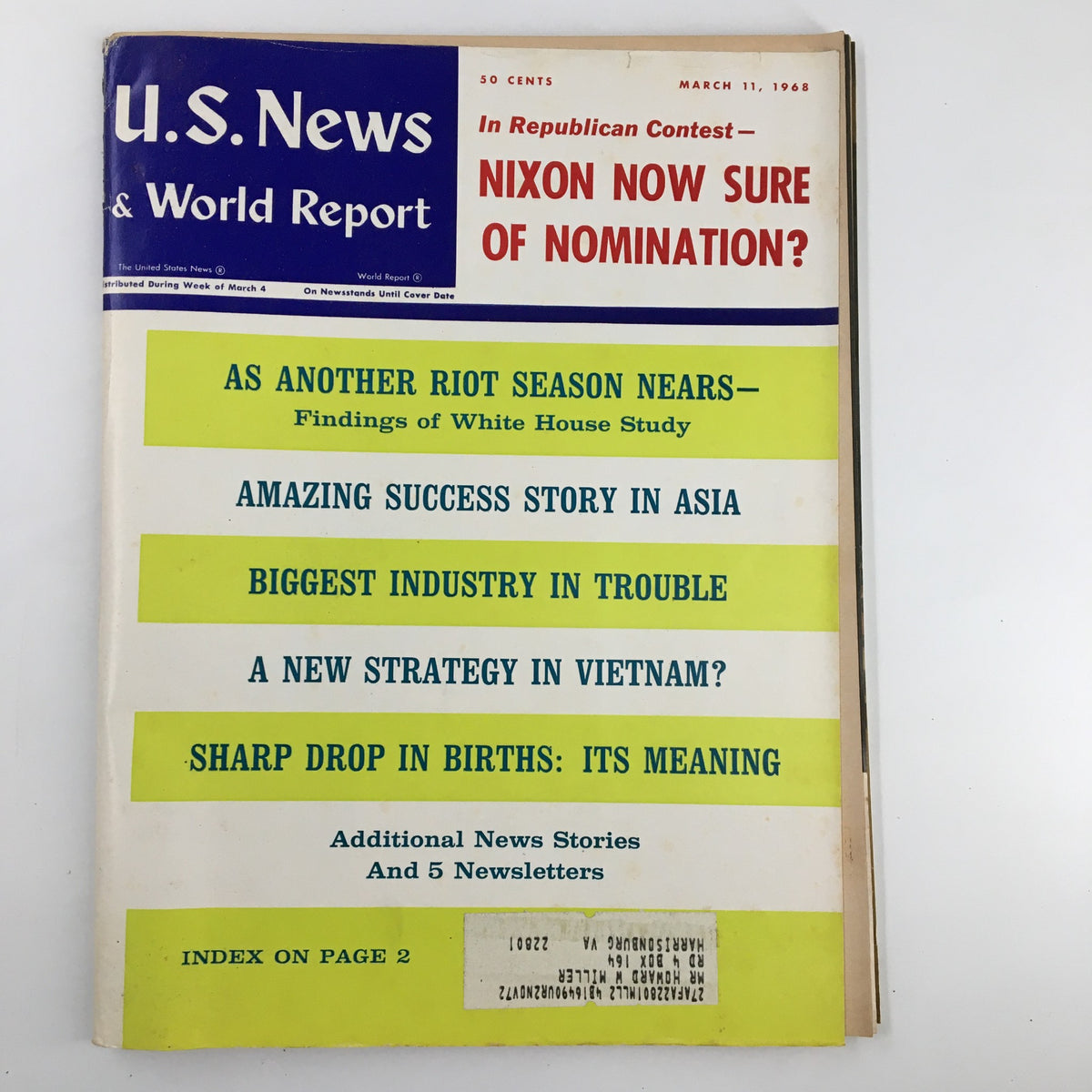 Cover of US News & World Report Magazine from March 11, 1968, featuring the headline 'Nixon Now Sure of Nomination?' with colorful text and various news topics highlighted.