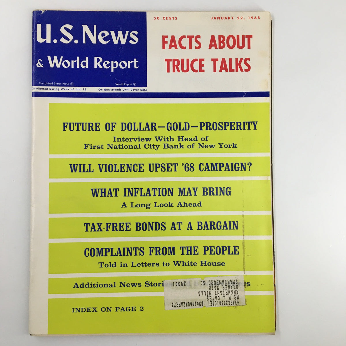 Cover of US News & World Report Magazine dated January 22, 1968, featuring the article 'Tax-Free Bonds at a Bargain' along with headlines about economic and political insights from that era.