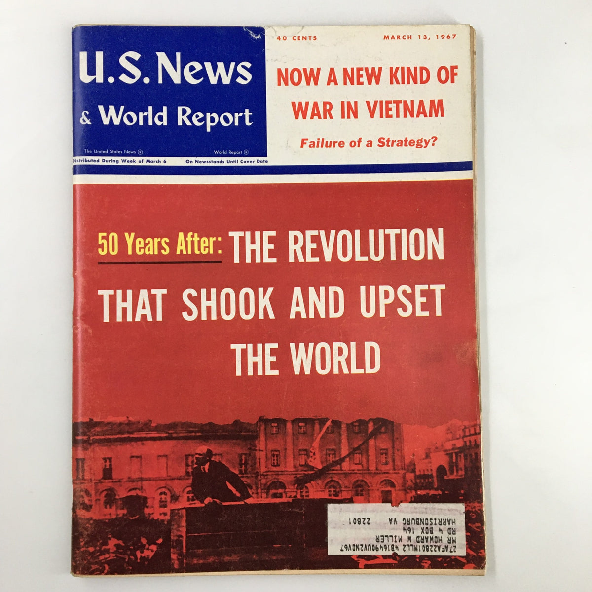 Cover of US News & World Report Magazine dated March 13, 1967 featuring the title 'Now A New Kind of War in Vietnam' and highlights on historical events including '50 Years After: The Revolution That Shook and Upset the World'.