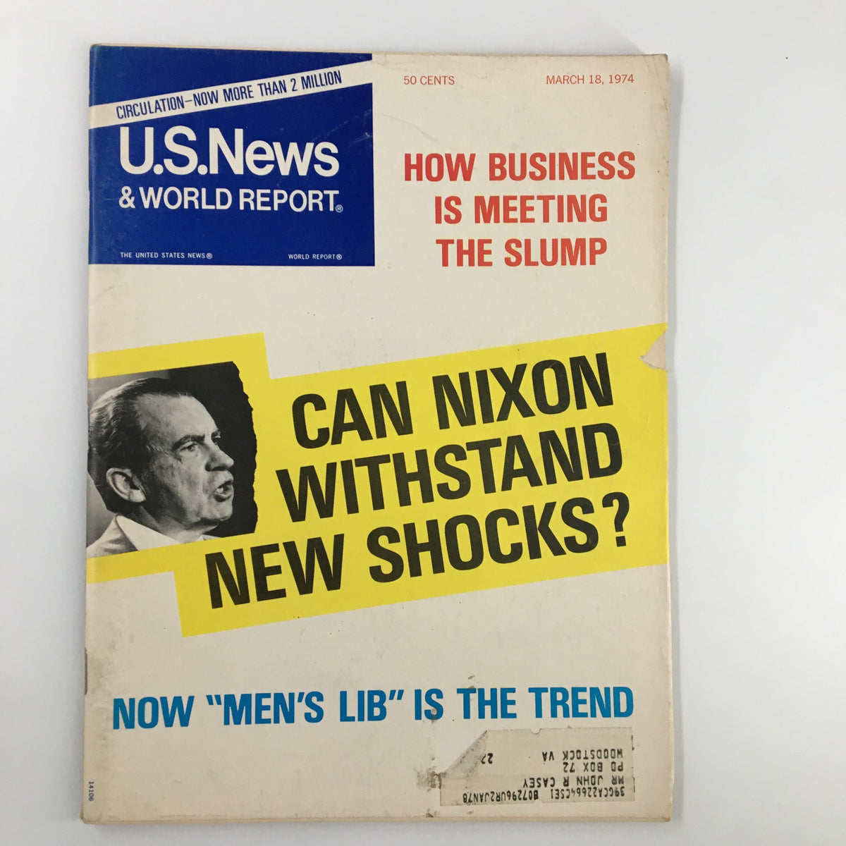 US News & World Report Magazine March 18 1974 cover featuring the headline 'Can Nixon Withstand New Shocks?' with an image of Richard Nixon, highlighting the political climate during the Nixon administration.
