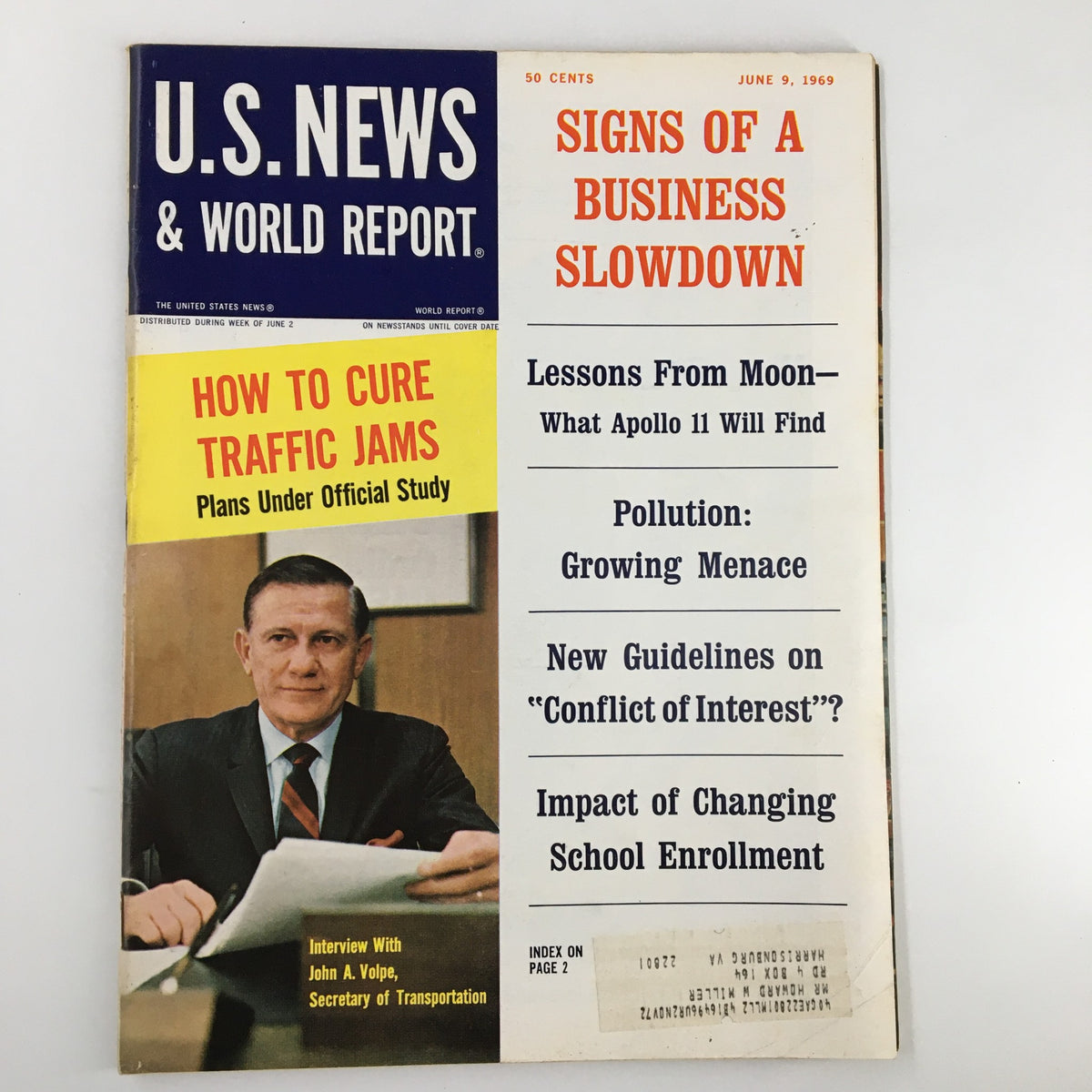 Cover of US News & World Report Magazine from June 9, 1969 featuring an interview with John A. Volpe, Secretary of Transportation, alongside articles on business slowdown, pollution, and insights from Apollo 11.