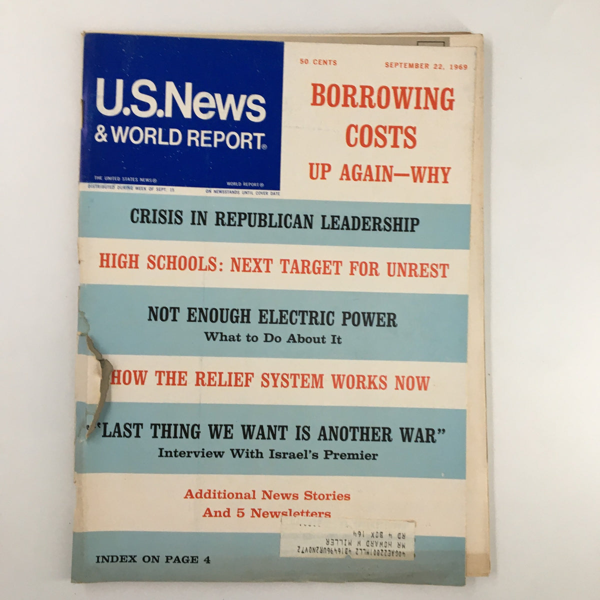 Cover of US News & World Report Magazine, September 22, 1969, featuring the headline 'Borrowing Costs Up Again - Why'. The magazine displays key topics including 'Crisis in Republican Leadership', 'High Schools: Next Target for Unrest', and 'Not Enough Electric Power'. This vintage publication represents a pivotal moment in economic history.