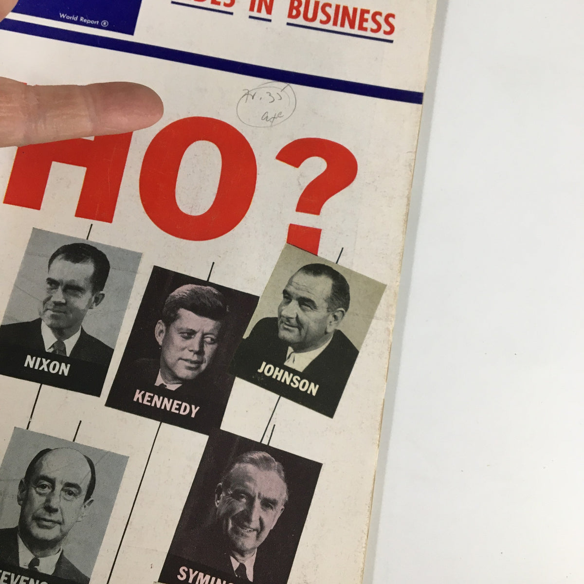 Cover of US News & World Report Magazine February 15, 1960, featuring political figures including Nixon, Kennedy, and Johnson, alongside the title 'The Shifting Tides in Business'.