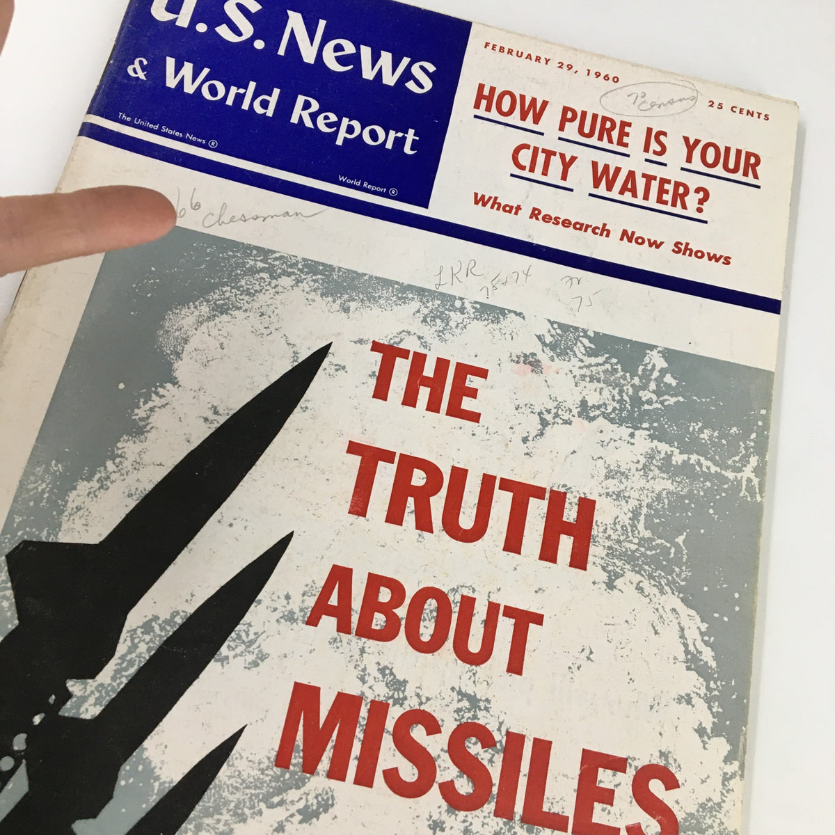 Close-up of the US News & World Report Magazine cover from February 29, 1960, highlighting the title 'How Pure Is Your City Water?' and 'The Truth About Missiles'.