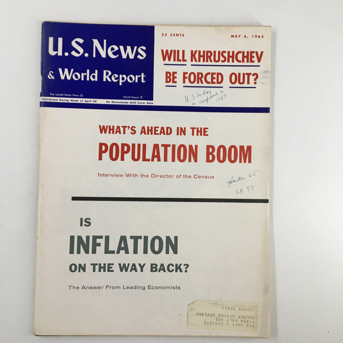 Cover of US News & World Report Magazine from May 6, 1963, featuring the headline 'Will Khrushchev Be Forced Out?' with sections discussing population trends and inflation.