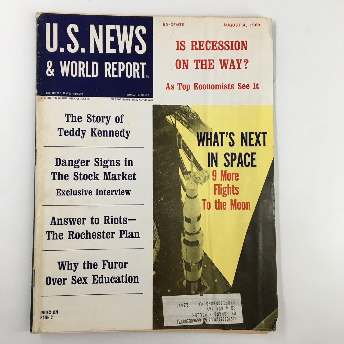 Cover of US News & World Report Magazine dated August 4, 1969, featuring the headline 'The Story of Teddy Kennedy' alongside articles on economics and space exploration.
