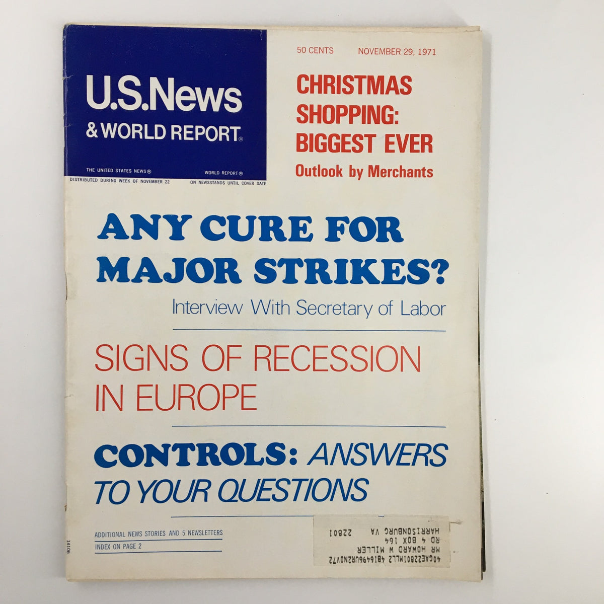 Cover of US News & World Report Magazine dated November 29, 1971, featuring headlines on signs of recession in Europe and Christmas shopping predictions. The cover includes the magazine's iconic logo and various key articles related to labor strikes and economic insights.