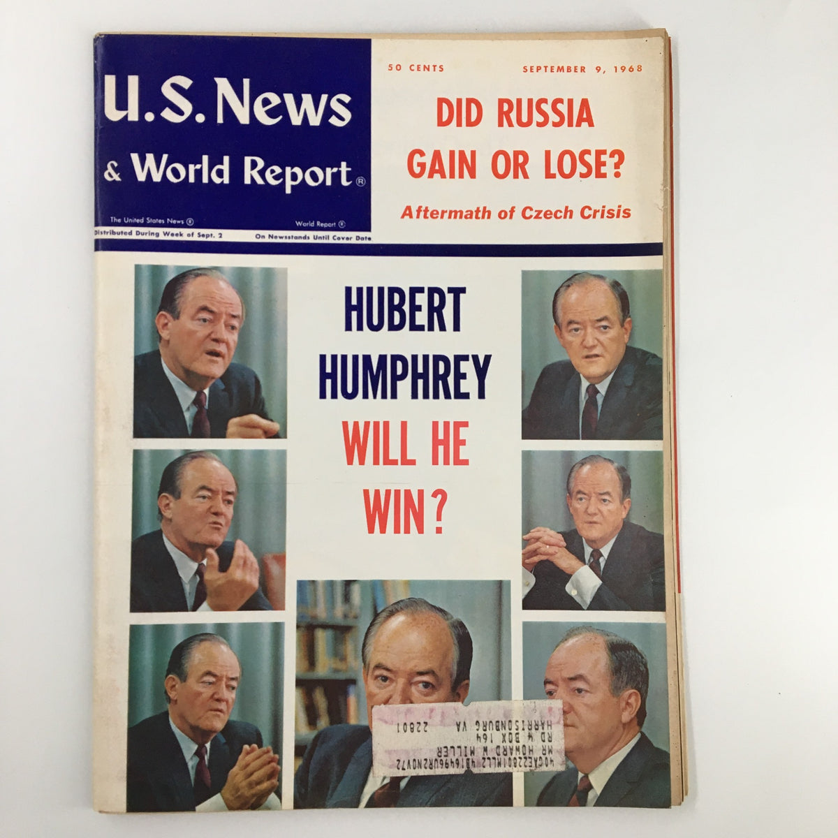 Cover of US News & World Report Magazine from September 9, 1968 featuring Hubert Humphrey with the headline 'Will He Win?' and images of Humphrey discussing political themes.