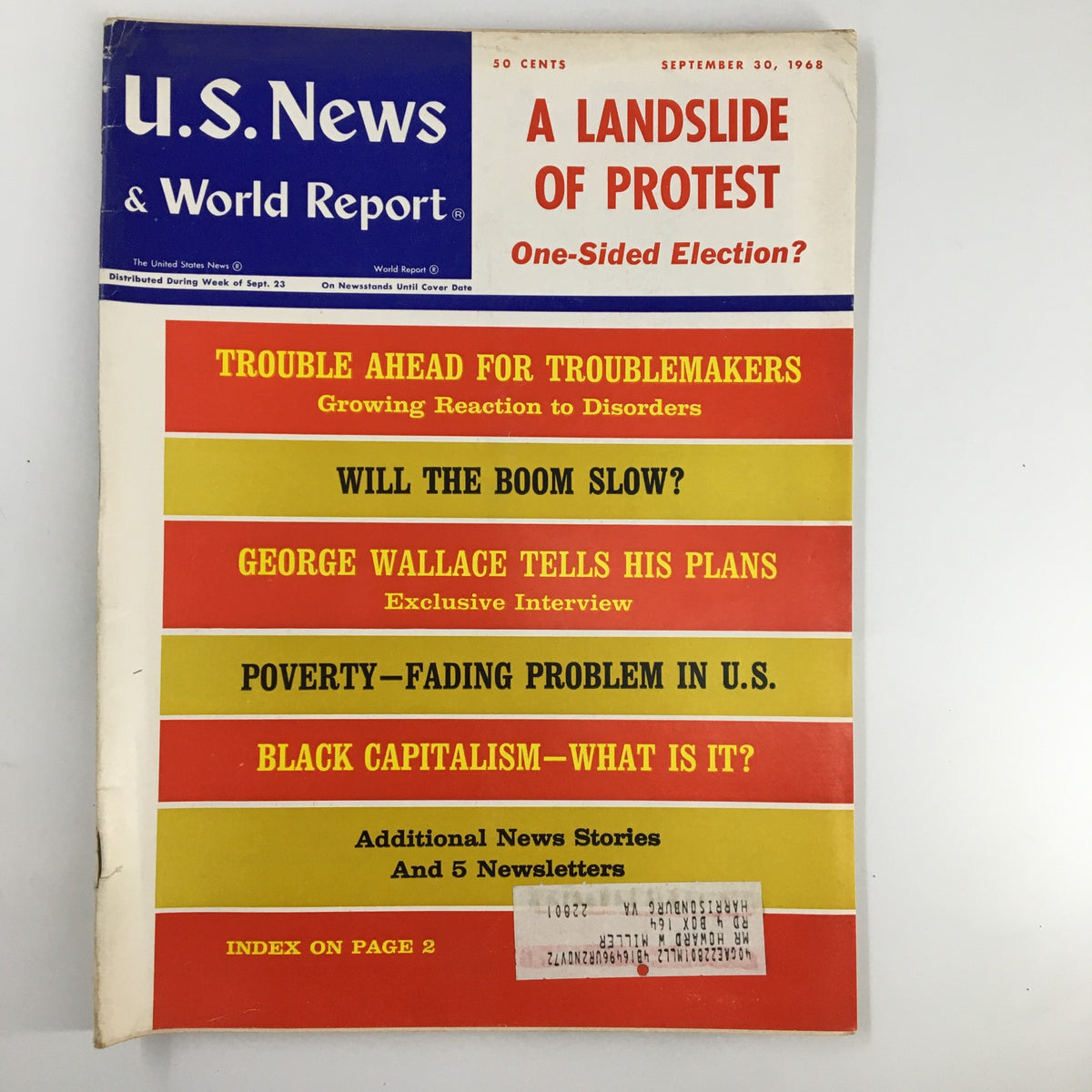Cover of US News & World Report Magazine from September 30, 1968, featuring the title 'A Landslide of Protest' and headlines on significant political topics of the era.