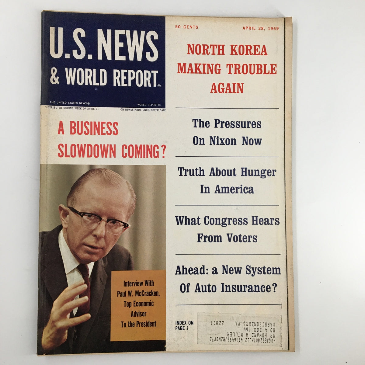 Cover of US News & World Report Magazine dated April 28, 1969, featuring the headline 'North Korea Making Trouble Again' along with articles about economic concerns and political pressures.