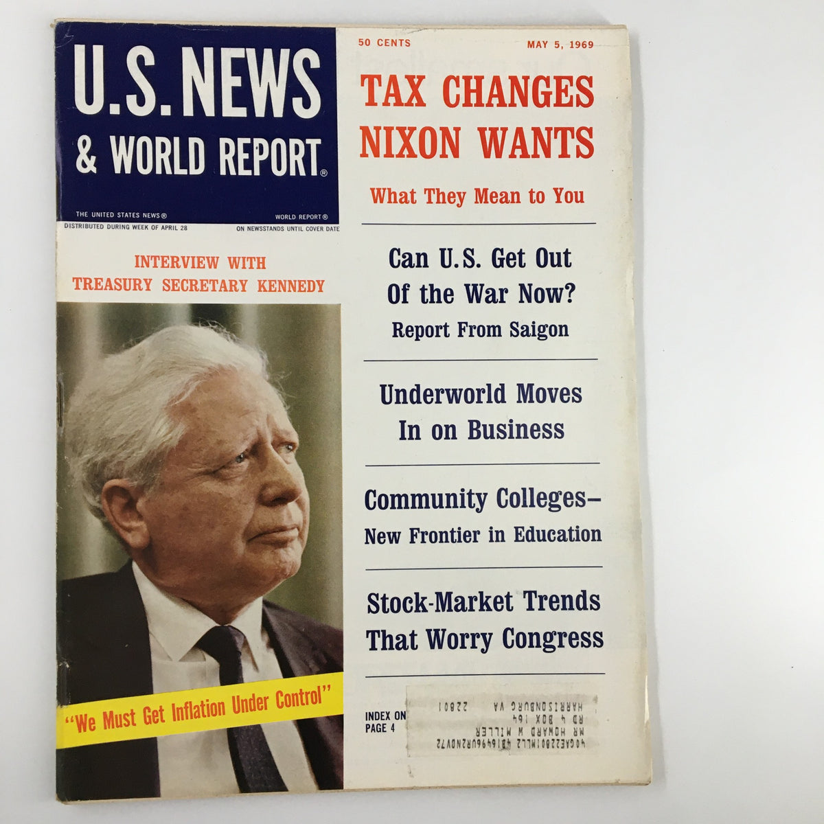 Cover of US News & World Report Magazine, May 5, 1969, featuring the headline 'Tax Changes Nixon Wants' with an image of Treasury Secretary Kennedy. This vintage magazine edition discusses proposed tax reforms and offers insights into the political landscape of the late 1960s.