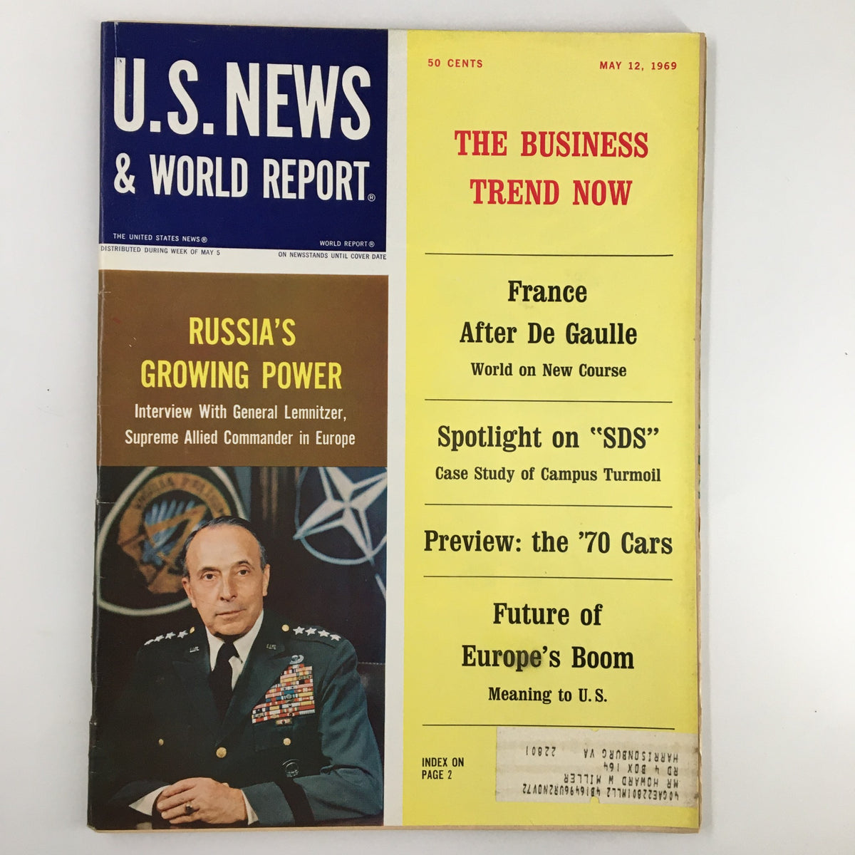 Cover of US News & World Report Magazine from May 12, 1969, featuring the title 'France After De Gaulle,' along with articles about Russia's growing power and campus turmoil.