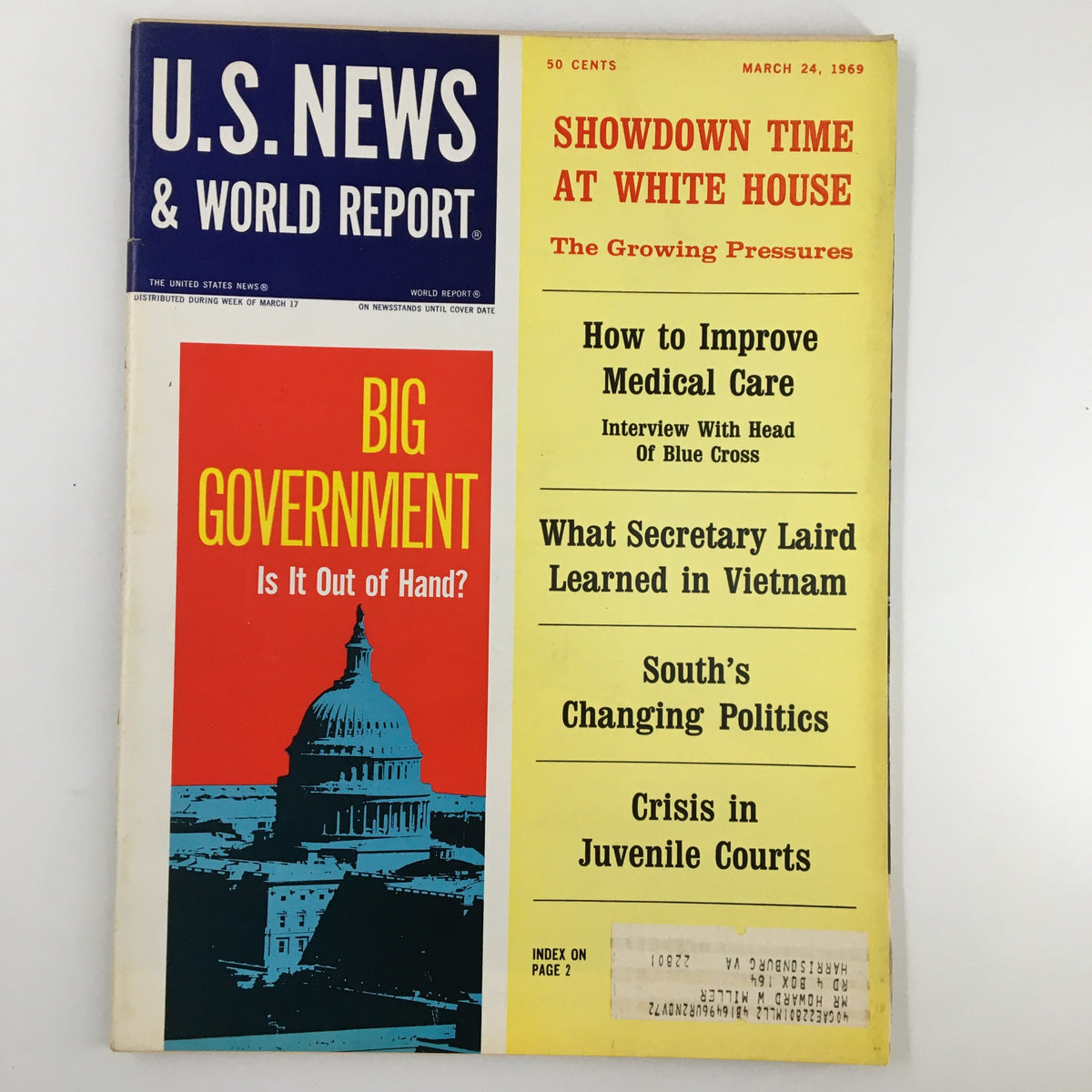 Cover of US News & World Report Magazine from March 24, 1969, featuring the title 'Showdown Time at White House.' The cover includes headlines about government issues, medical care improvement, Vietnam, and juvenile courts, along with a striking image of the U.S. Capitol.