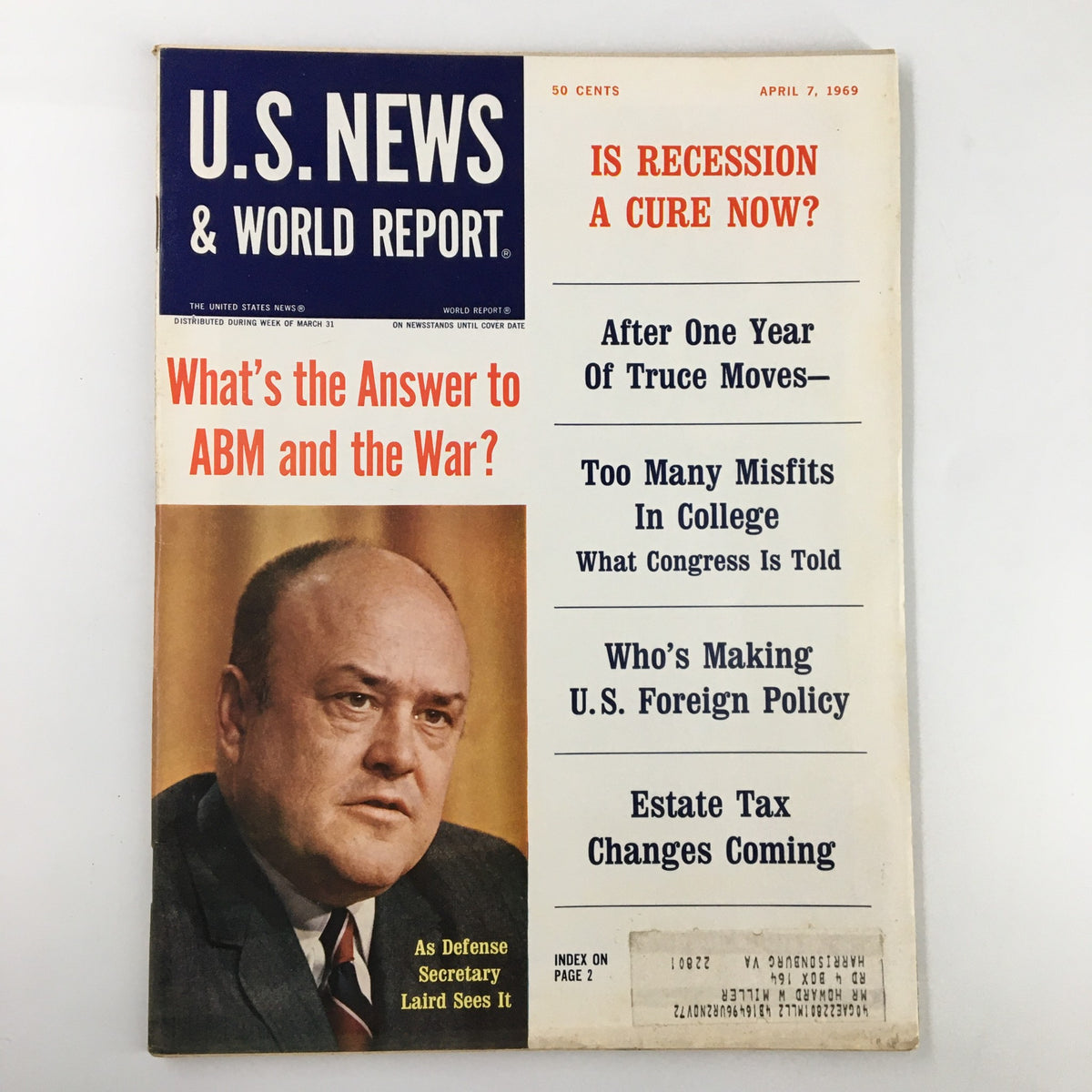 Cover of US News & World Report Magazine from April 7, 1969, featuring an article on estate tax changes, with headlines discussing various social and economic issues, including defense policy and education.