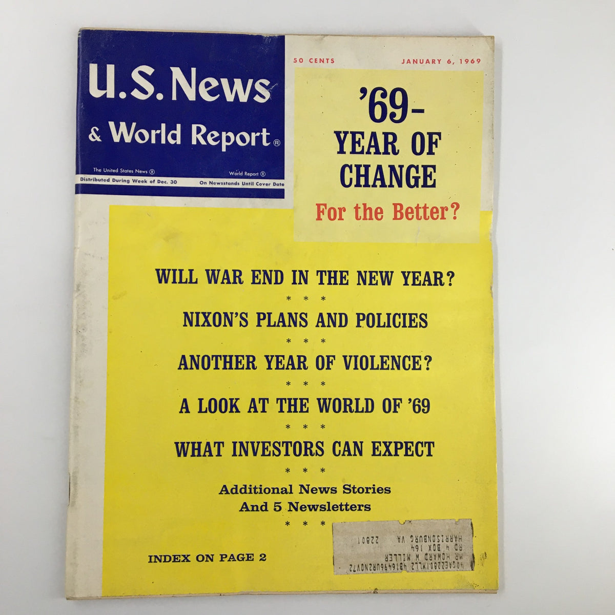 US News & World Report Magazine January 6 1969 cover featuring headlines about peace and the new year, including 'Will War End In The New Year?' and 'Nixon's Plans and Policies.'