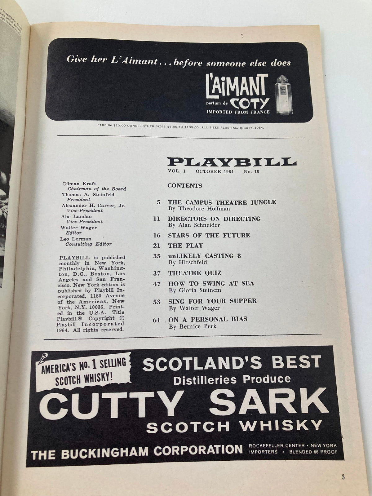 Interior page of the 1964 Playbill for Barefoot in the Park detailing contents and advertisements.