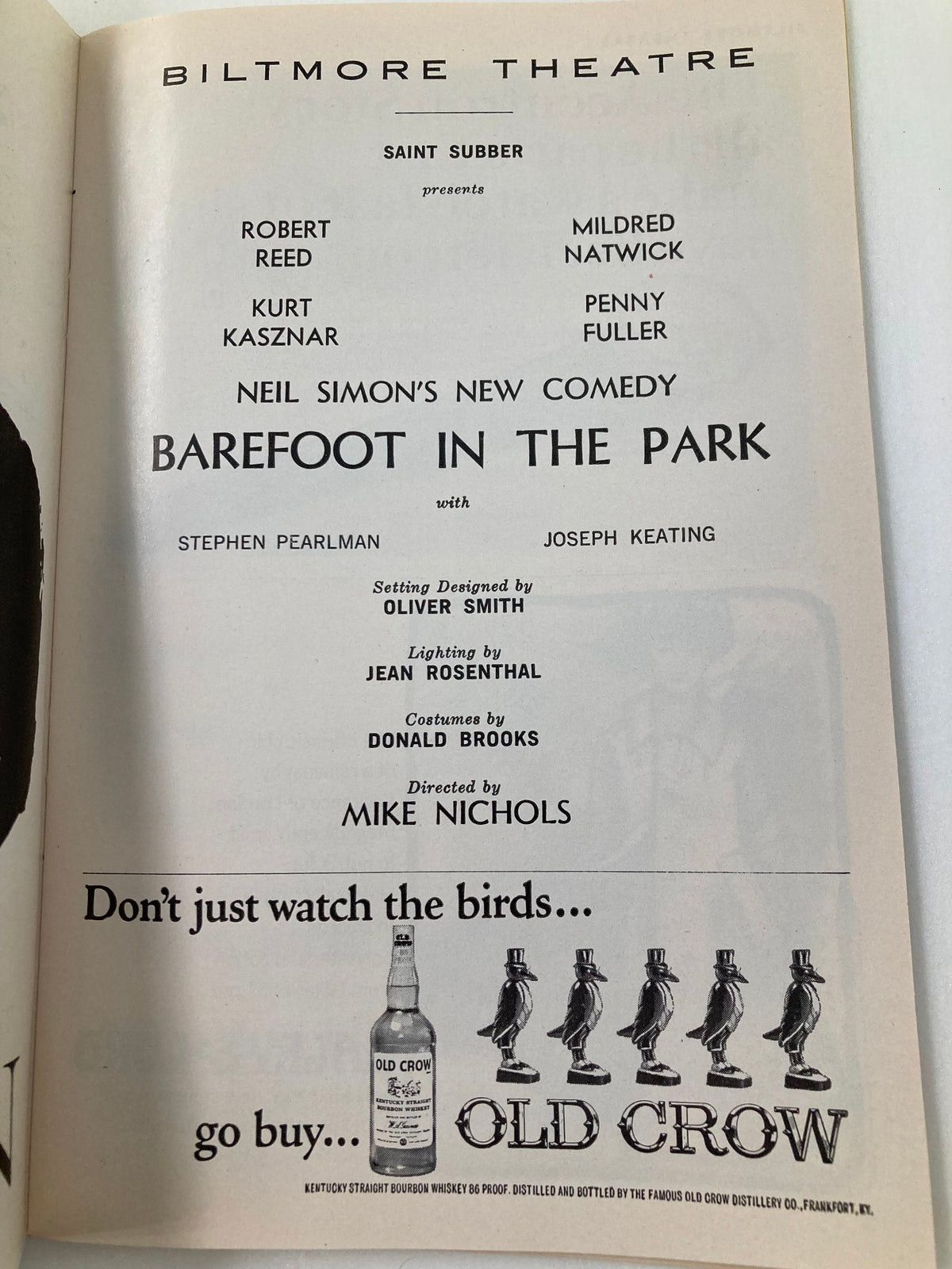 Cast listing for Barefoot in the Park in the 1964 Playbill at Biltmore Theatre, featuring Robert Reed and other notable actors.