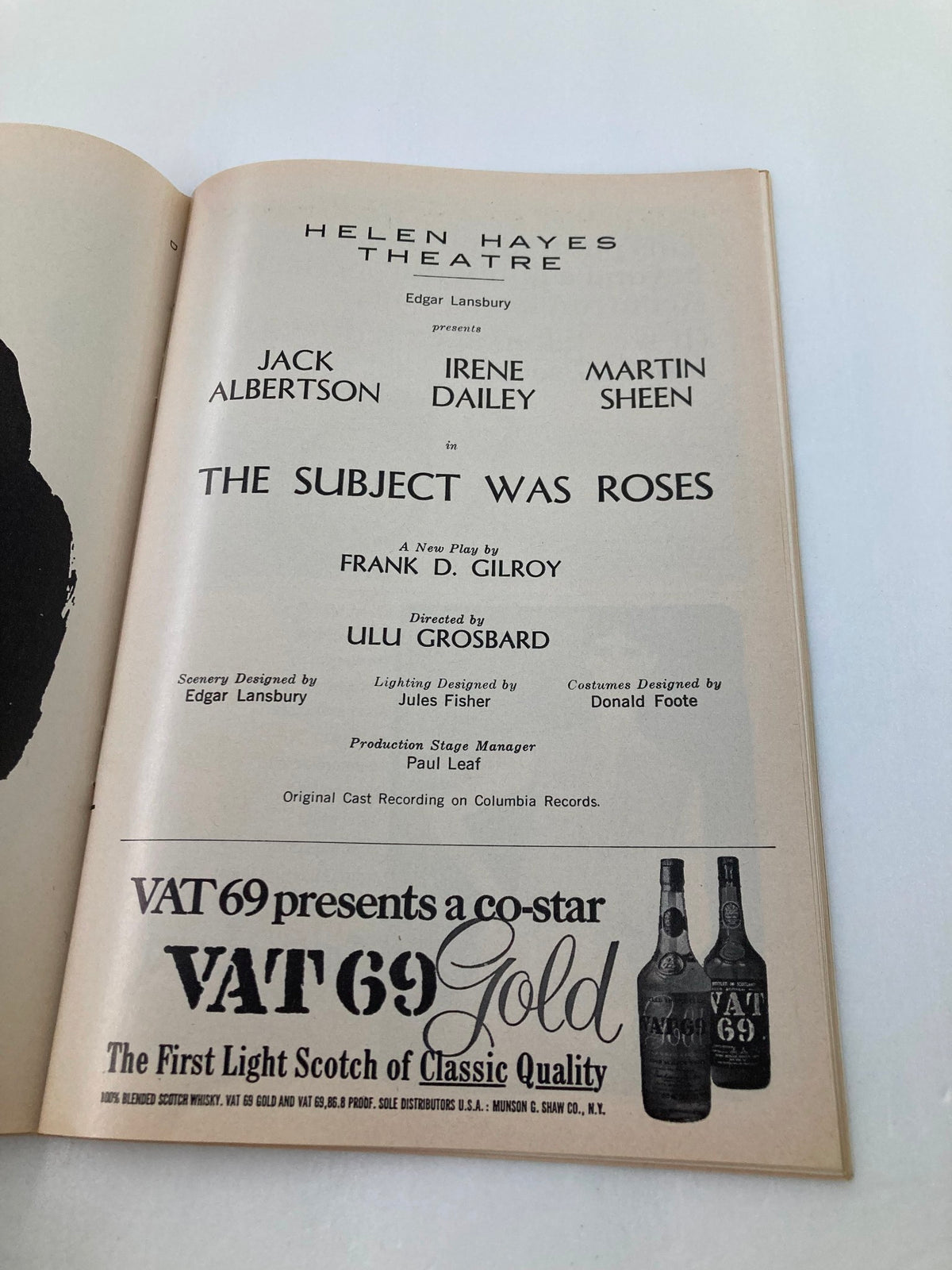Interior page of the 1965 Playbill from Helen Hayes Theatre featuring cast and crew details, including Jack Albertson, in The Subject Was Roses.