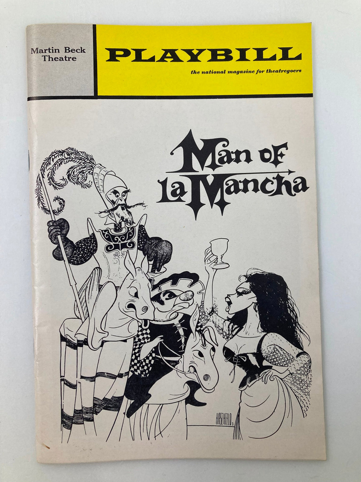 1970 Playbill for Man of La Mancha at Martin Beck Theatre, featuring artwork depicting characters and scenes from the musical. Good condition with minor wear.