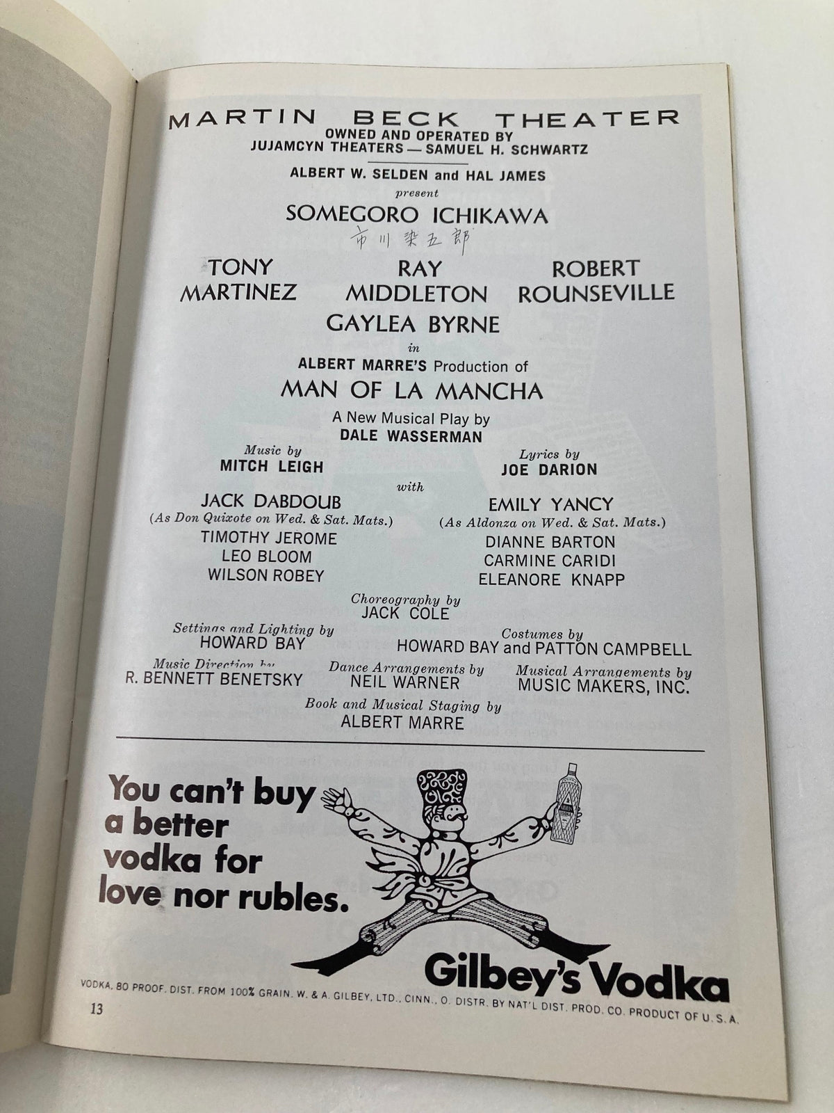 Detailed cast list from the 1970 Playbill for Man of La Mancha at Martin Beck Theatre, showcasing performers including Somegoro Ichikawa, Tony Martinez, and Ray Middleton.