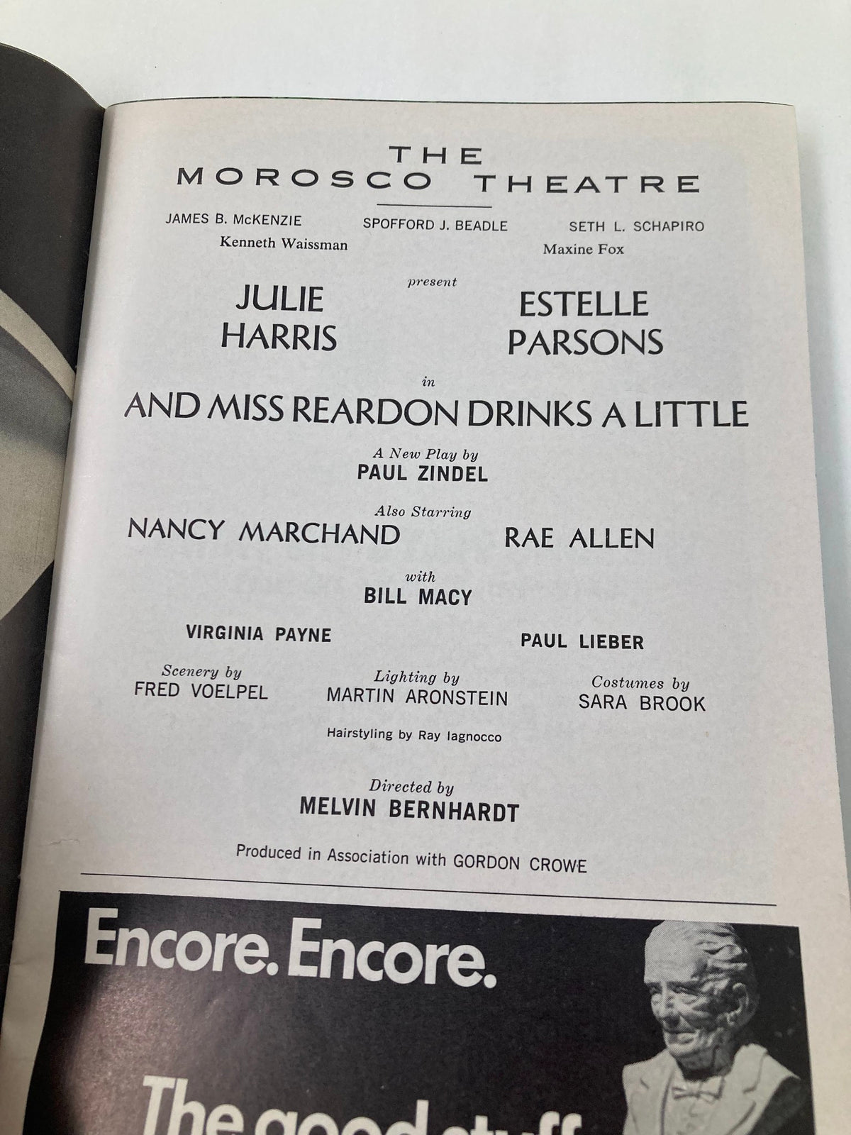 1971 Playbill The Morosco Theatre featuring a cast list including Julie Harris and Estelle Parsons for the play 'Miss Reardon Drinks a Little' by Paul Zindel.
