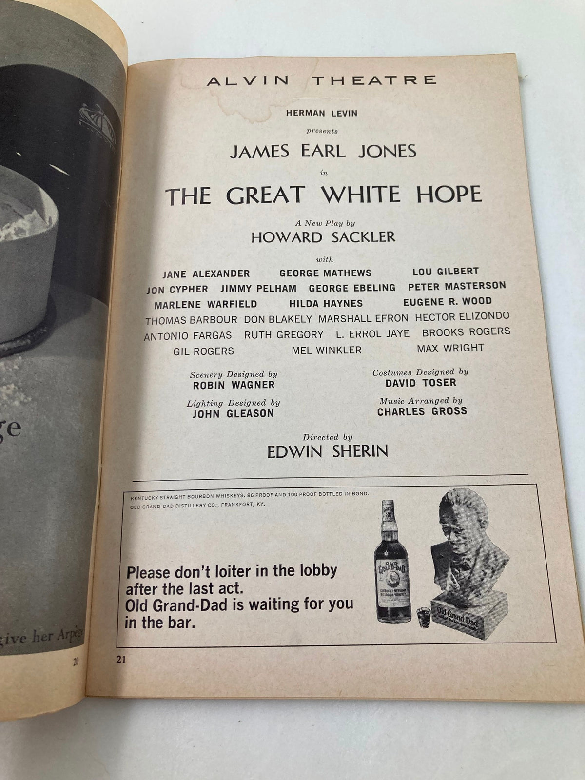 Inside page of the 1968 Playbill for The Great White Hope at Alvin Theatre, listing the cast, production details, and crew of the play.