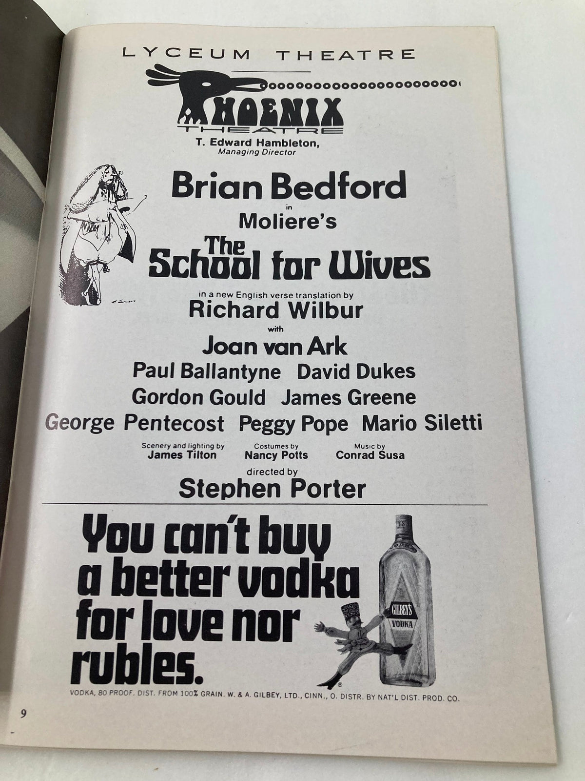 1971 Playbill from Lyceum Theatre featuring Brian Bedford in The School for Wives, includes cast and production details.