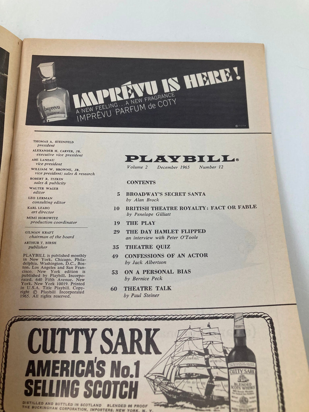 Inside page of the 1965 Playbill detailing content including Broadway’s Secret Santa, showcasing its historical significance for theater enthusiasts.