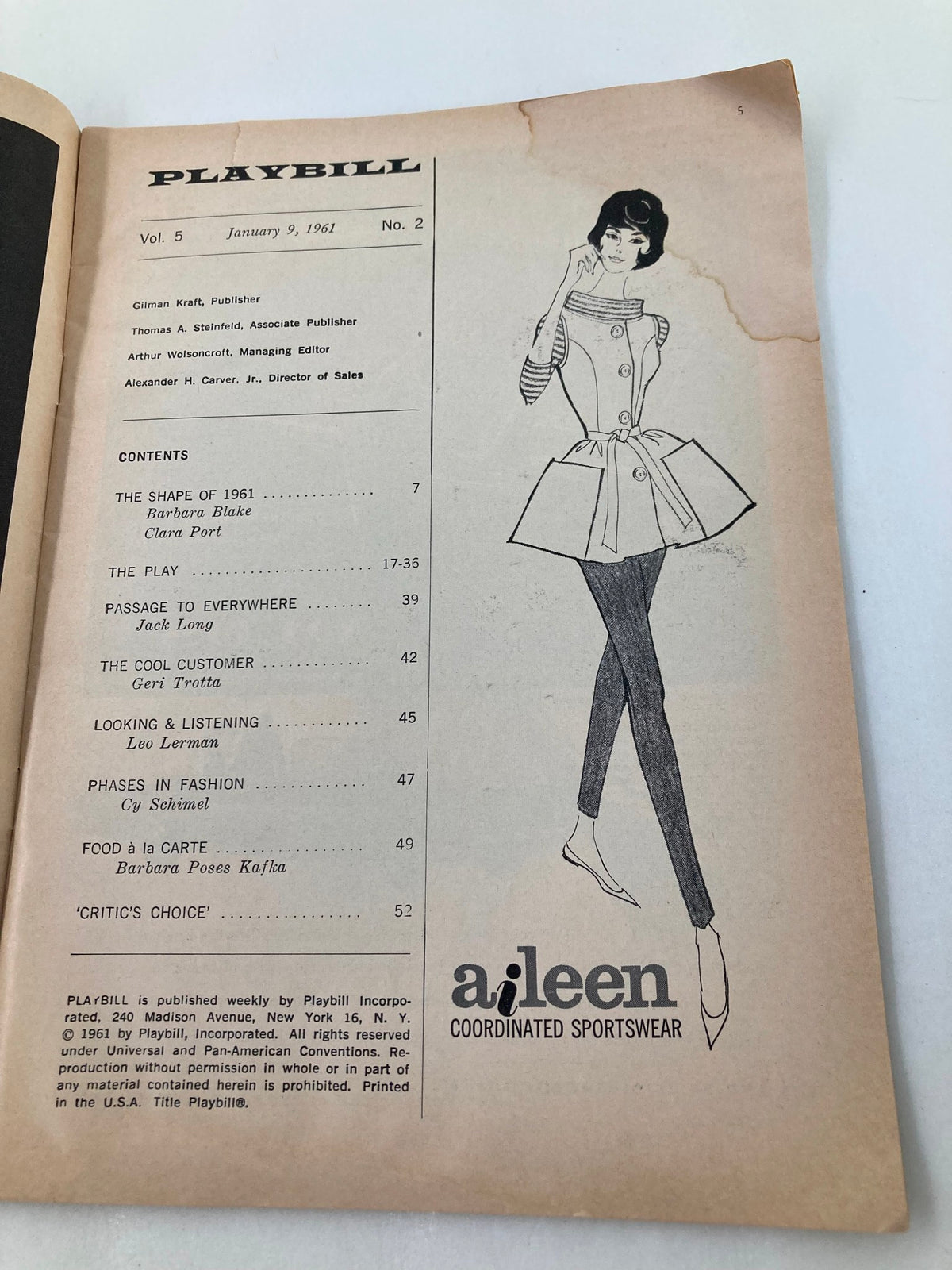 Inside page of the 1961 Playbill for The Booth Theatre, highlighting fashion advertisements and contributing to the nostalgic theatre experience.