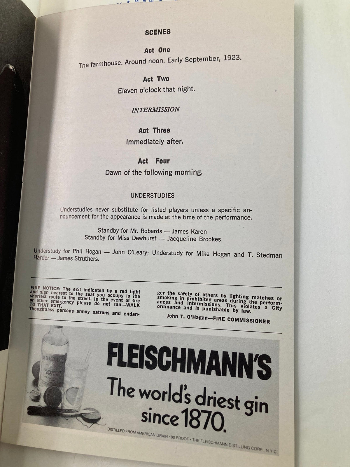 Interior page of the 1966 Playbill for The Plymouth Theatre detailing scenes and acts of 'Philadelphia, Here I Come!', showcasing vintage typography and theatrical information.