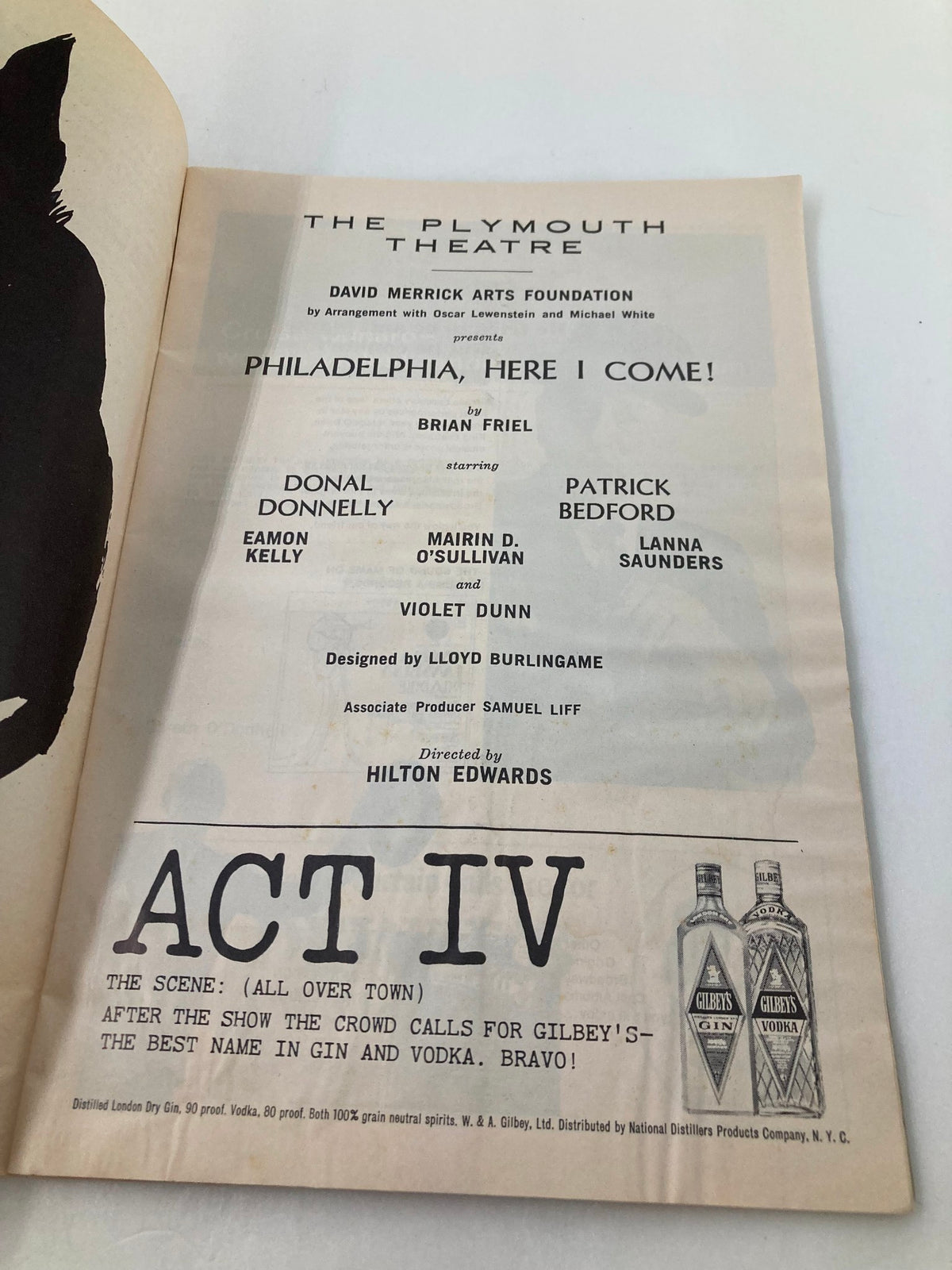 Another interior page of the 1966 Playbill for The Plymouth Theatre highlighting the cast and production details of 'Philadelphia, Here I Come!'