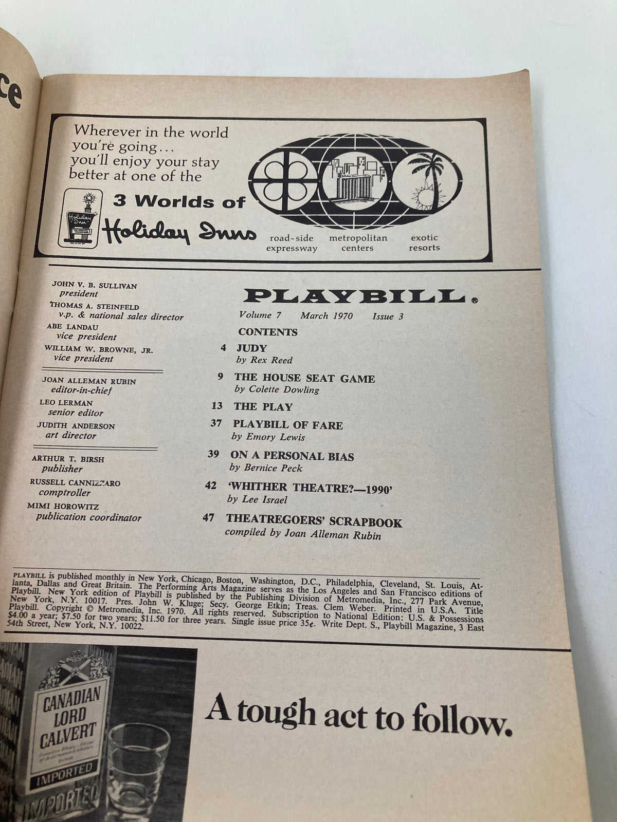 1970 Playbill from the New York City Center detailing contents including articles, editorial information, and the structure of the publication.
