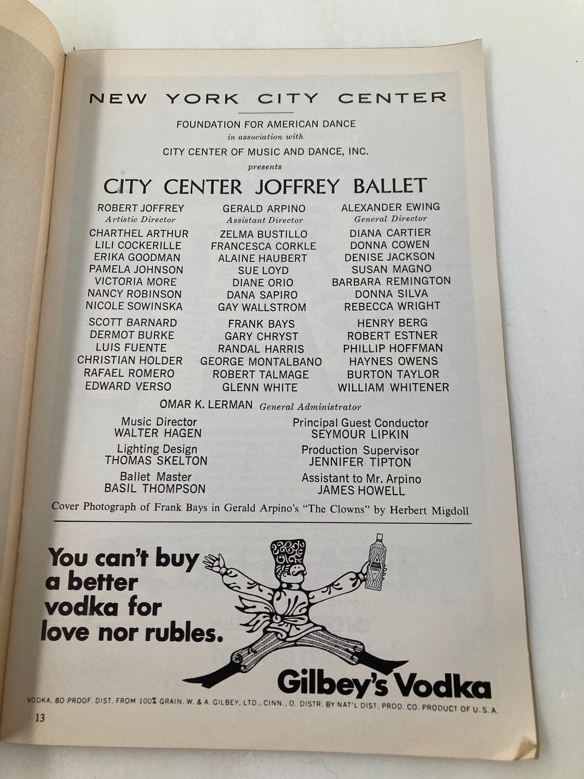 1970 Playbill for New York City Center featuring City Center Joffrey Ballet program details, including cast and crew, with a humorous advertisement for Gilbey's Vodka on the bottom.