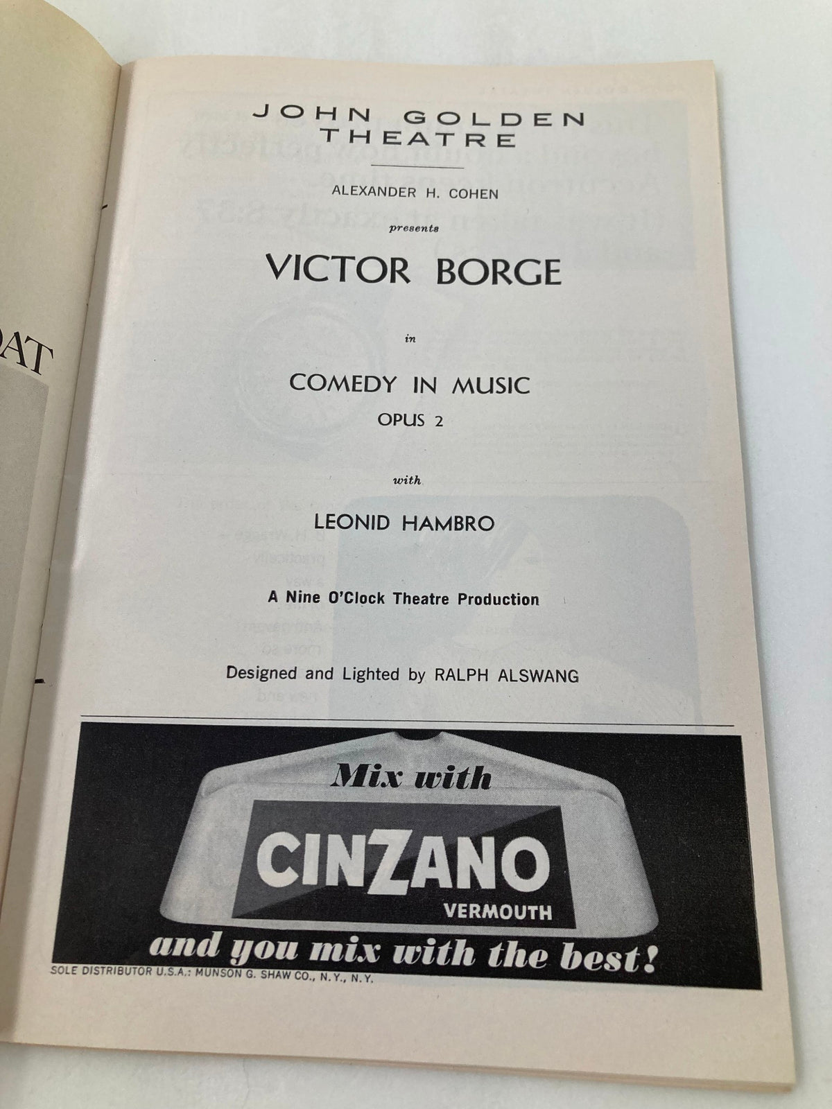 Inside view of the 1965 Playbill for Victor Borge in Comedy in Music Opus 2, highlighting the John Golden Theatre presentation featuring Leonid Hambro, with a vintage advertisement for Cinzano Vermouth.