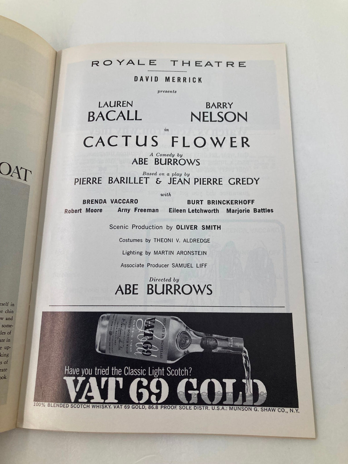 1966 Playbill from Royale Theatre showcasing cast details for Cactus Flower, featuring Lauren Bacall and Barry Nelson.
