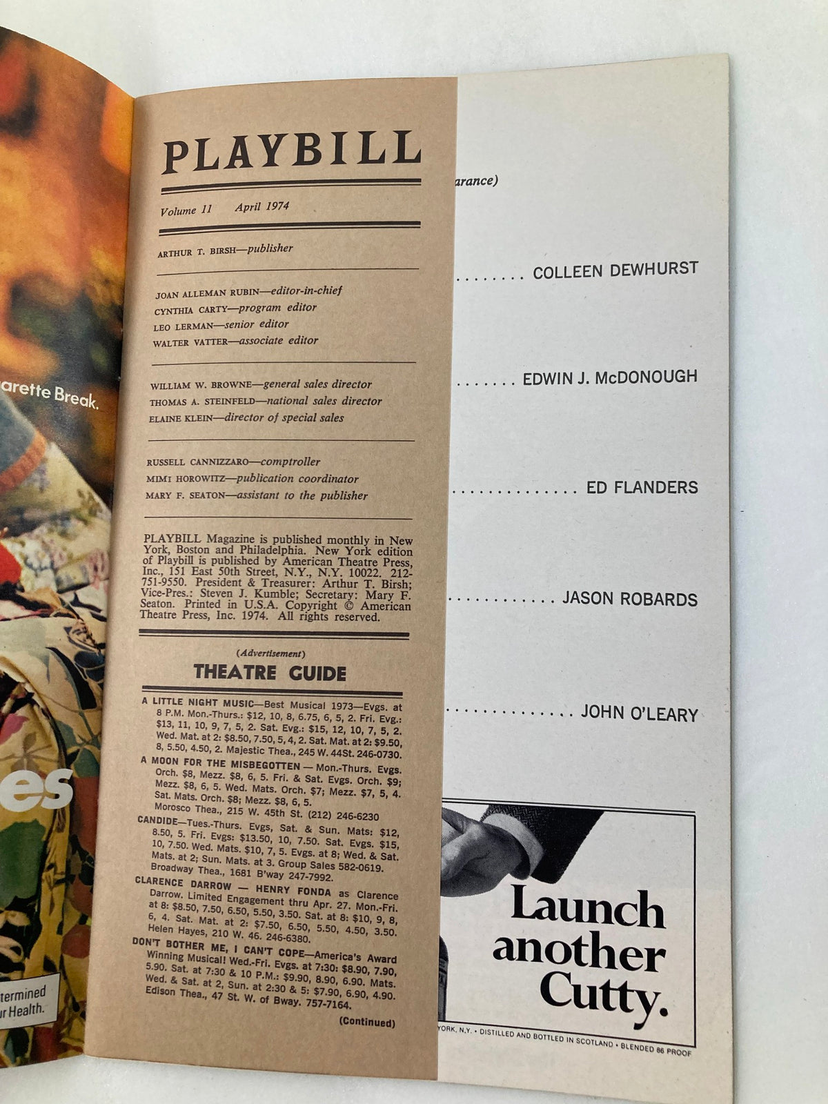 1974 Playbill for A Moon for the Misbegotten featuring Jason Robards at the Morosco Theatre, showcasing the theater guide and cast information.