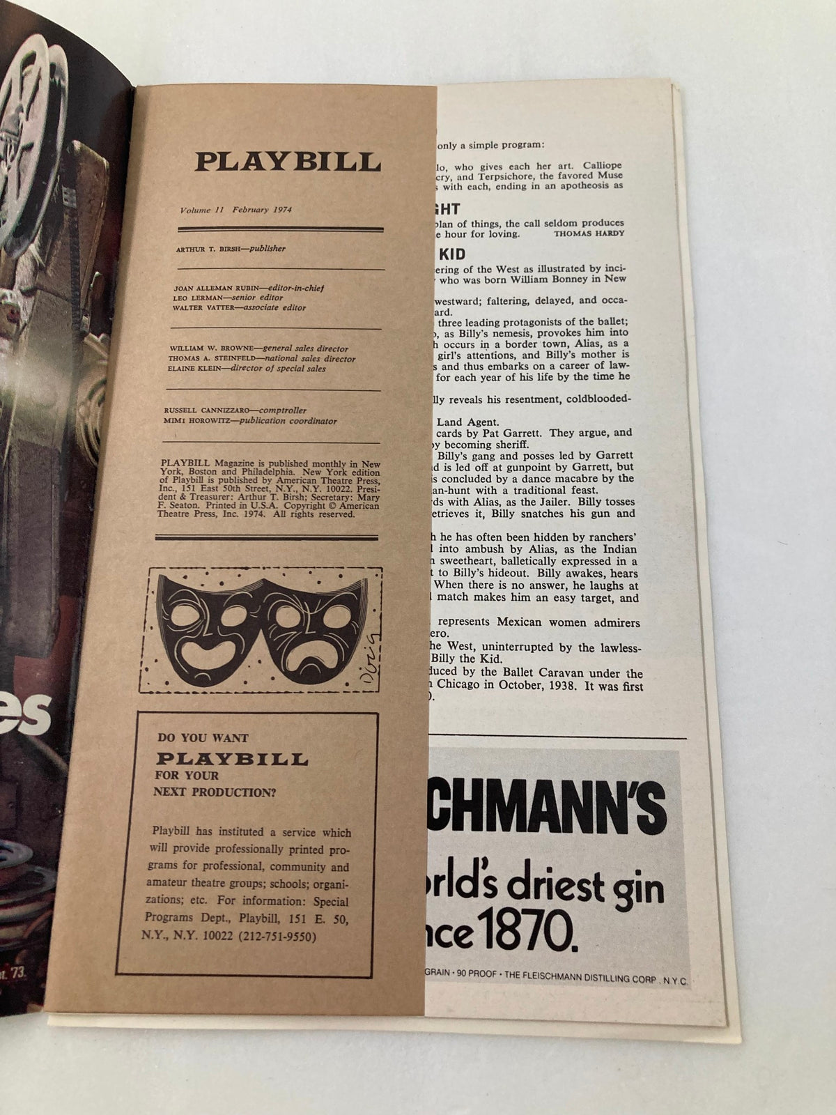 Inside view of the 1974 Playbill for City Center 55 St. Theater detailing publication information and listings related to the American Ballet Theatre performance.