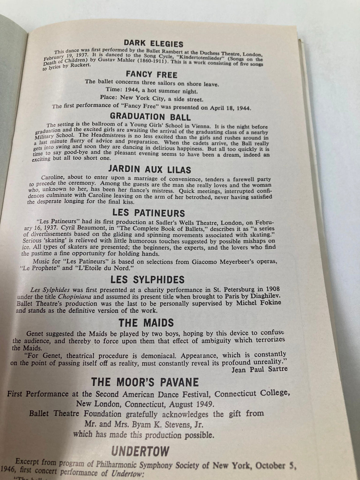 1974 Playbill City Center 55 St. Theater American Ballet Theatre featuring excerpts from various ballets including Dark Elegies, Fancy Free, and more. The image showcases the contents related to the listed performances.