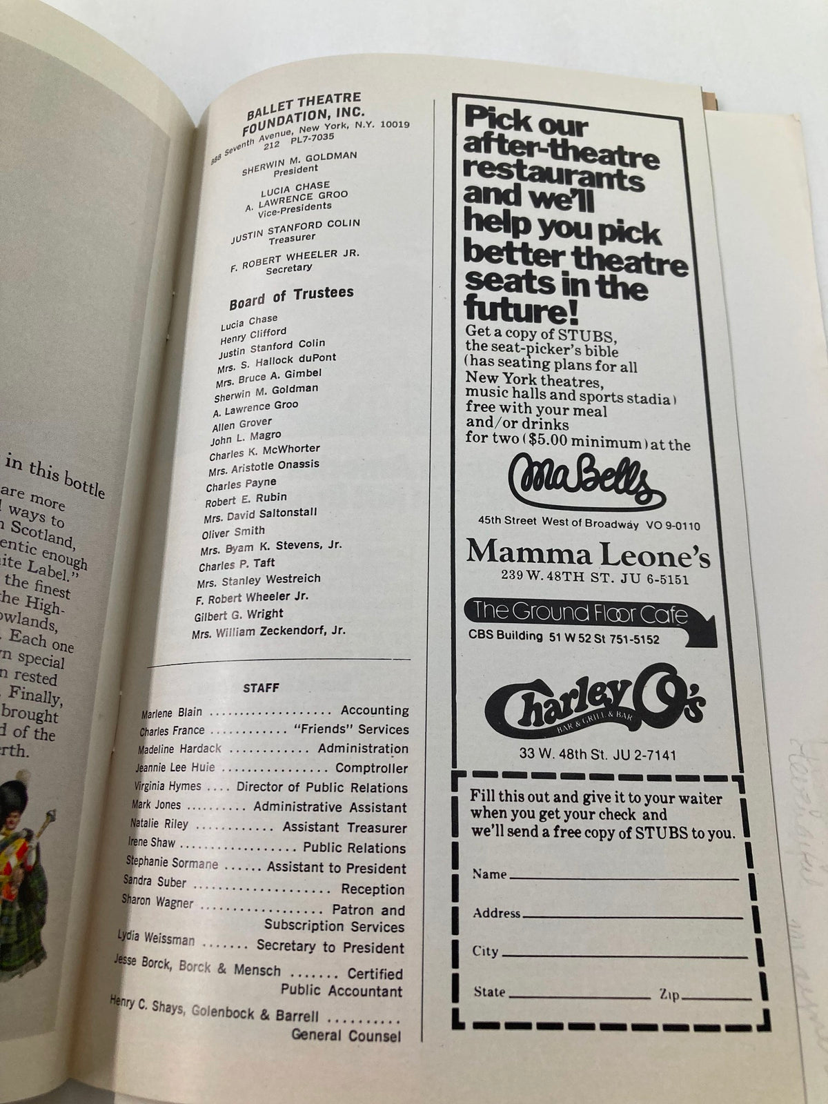 1974 Playbill City Center 55 St. Theater American Ballet Theatre advertisement page highlighting the Ballet Theatre Foundation, Inc. Board of Trustees and staff members, along with a promotional graphic for dining options after theater performances.