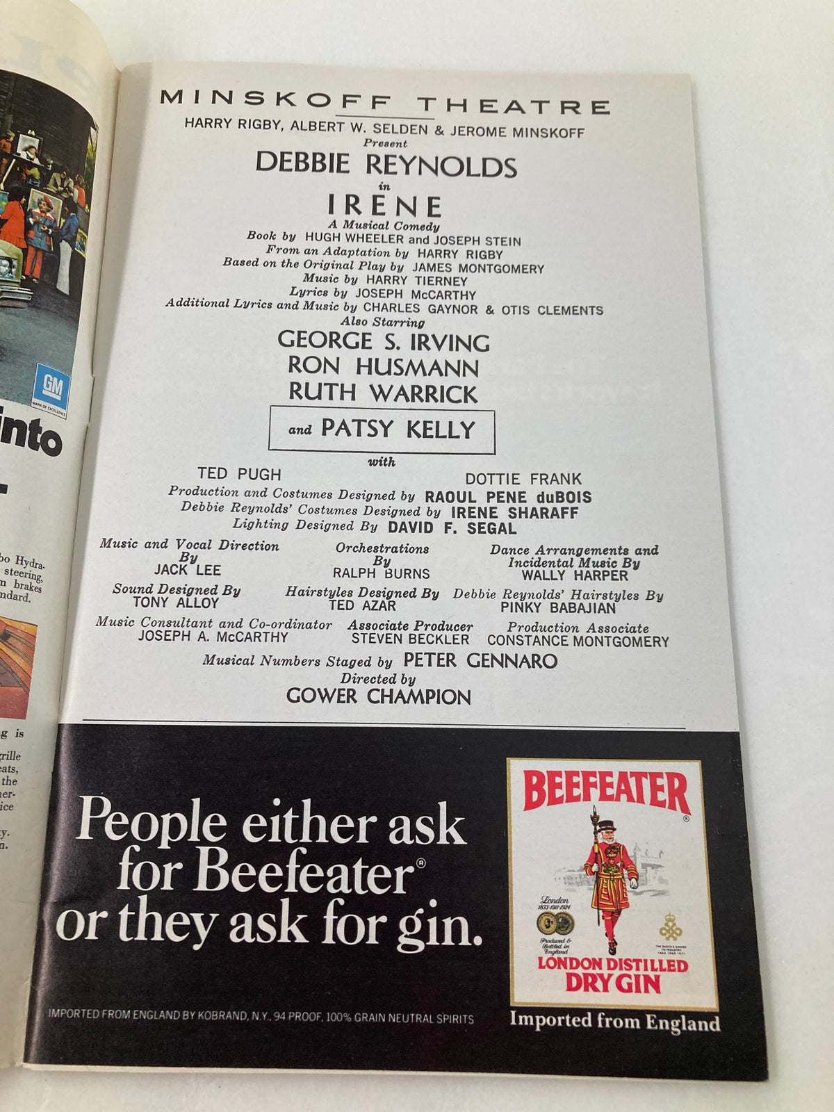 Interior page of the 1974 Playbill from Minskoff Theatre for Irene, featuring credits for Debbie Reynolds and Patsy Kelly.