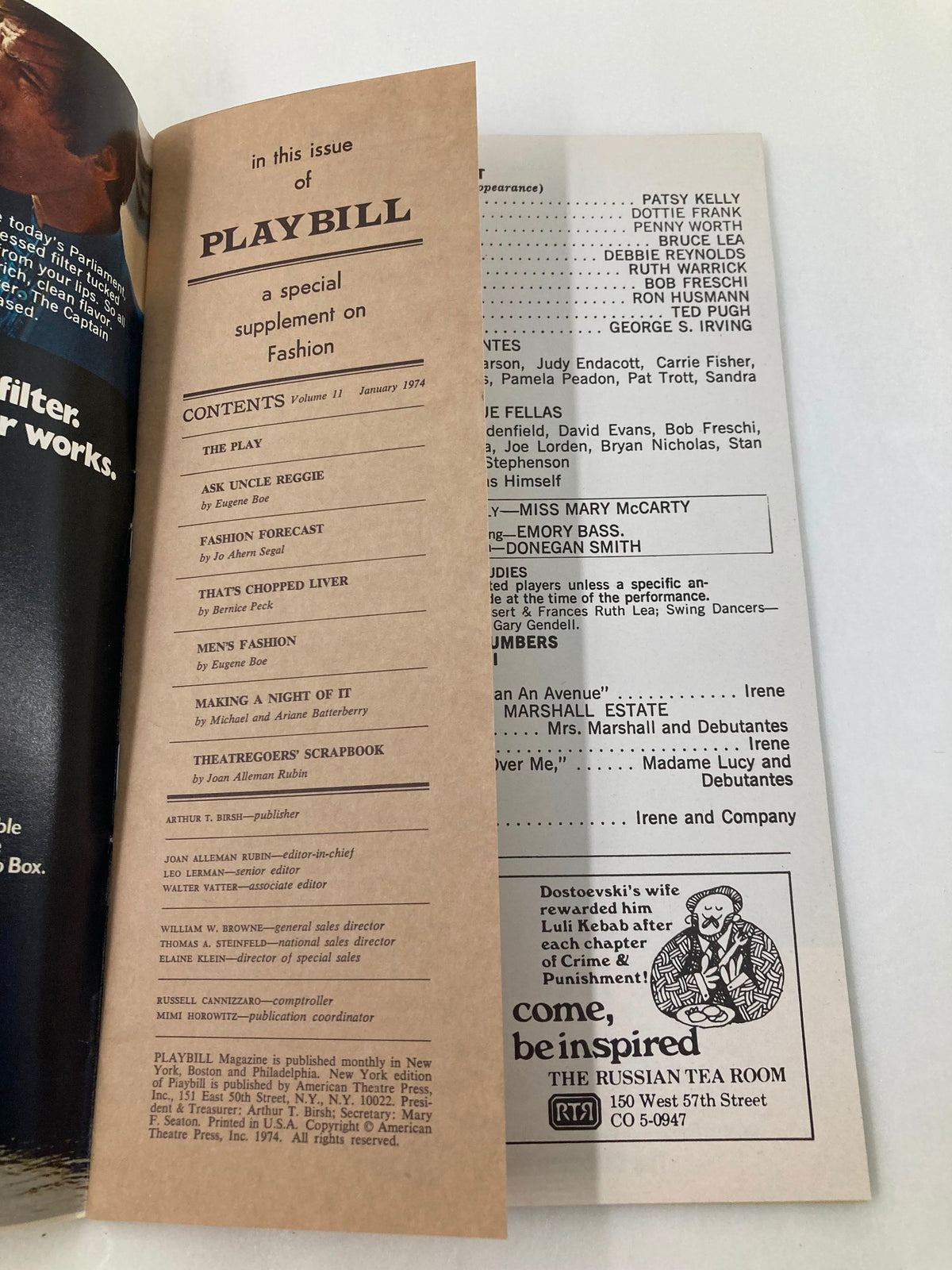 Special supplement page of the January 1974 Playbill from Minskoff Theatre, showcasing fashion and contents for Irene.