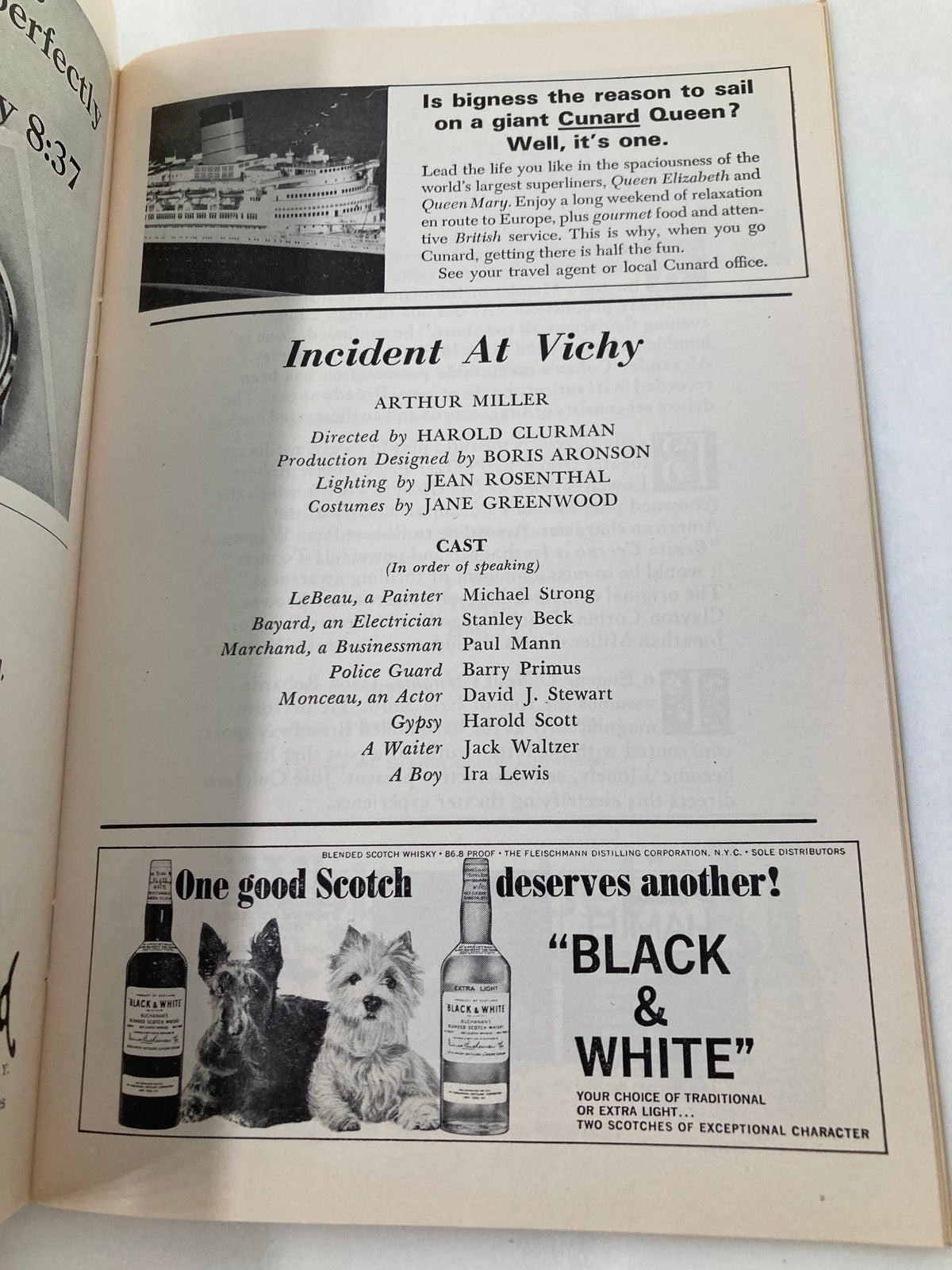 1965 Playbill page for Incident at Vichy by Arthur Miller, detailing the cast and production information, part of Paul Mann's performance at the Repertory Theater of Lincoln Center.