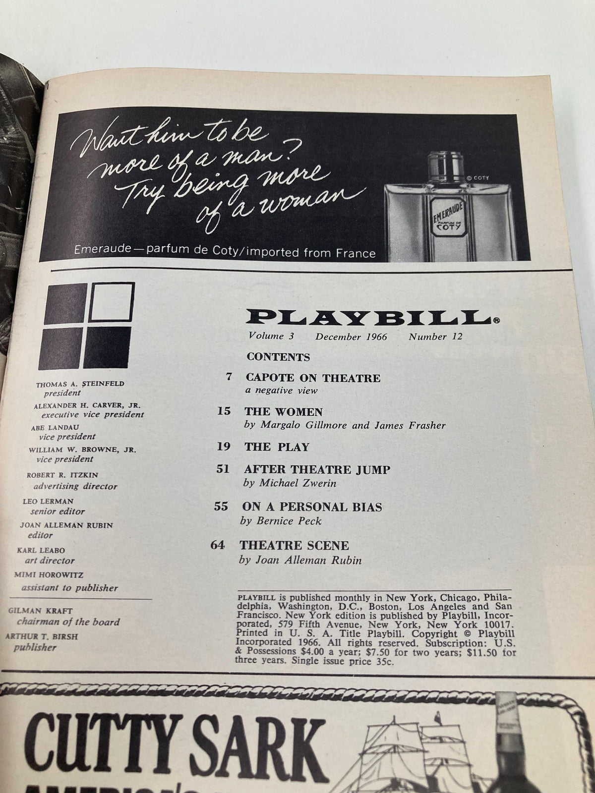 1966 Playbill The Music Box featuring contents page with articles and theater-related content from December 1966 edition.