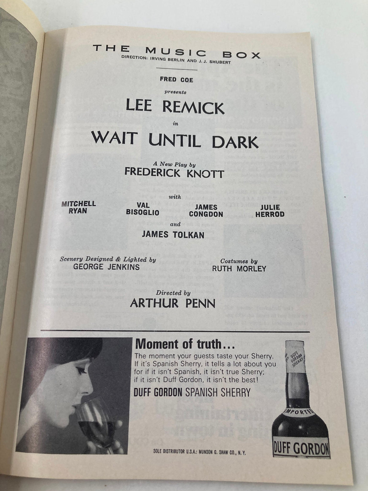1966 Playbill The Music Box featuring cast details of Wait Until Dark, starring Lee Remick and Mitchell Ryan, in a classic theater layout.