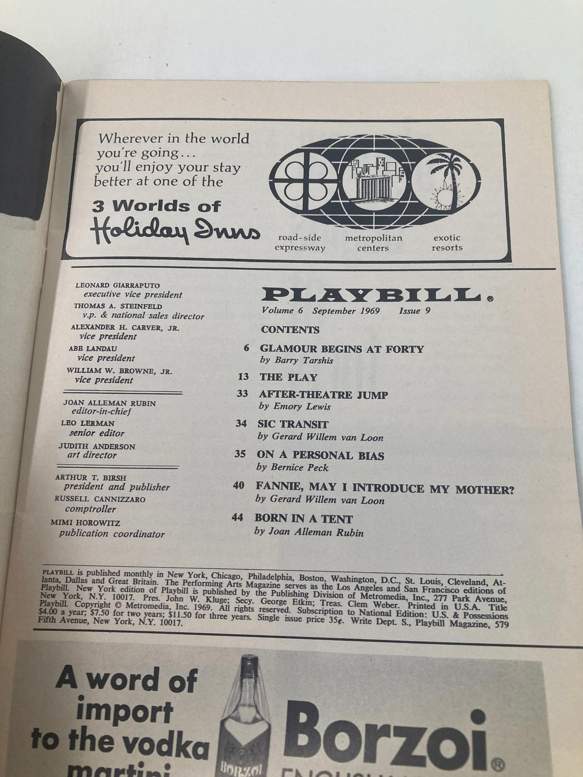 1969 Playbill City Center of Music and Drama Inc. Baiko VII in The Grand Kabuki, showcasing the contents page with listings of performances and contributors.