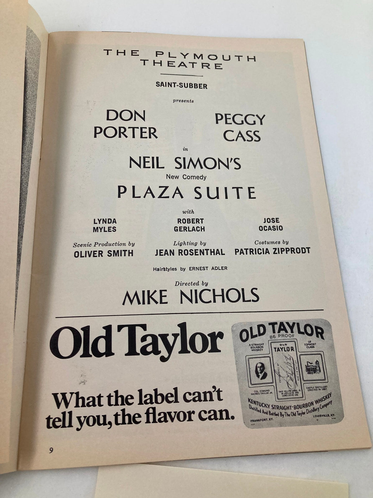 1970 Playbill The Plymouth Theatre showcasing Don Portner and Peggy Cass in Plaza Suite, featuring details of the cast and production team.