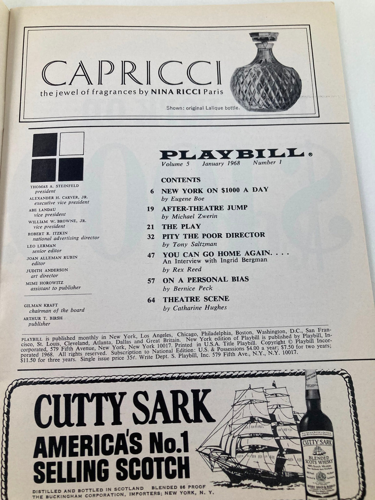 Inside page of the 1968 Playbill showcasing an advertisement and contents, including features on Ingrid Bergman's performance in More Stately Mansions.