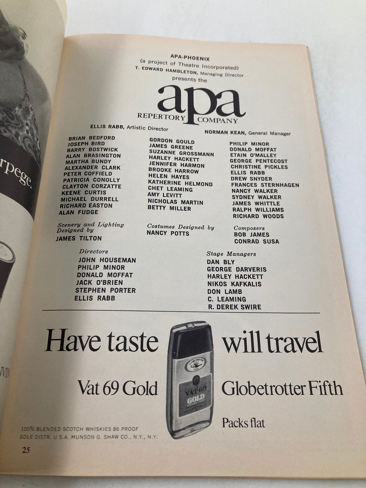 1968 Playbill Lyceum Theatre listing the APA-Phoenix Repertory Company cast and artistic directors, highlighting Brian Bedford's participation in the iconic theater production.