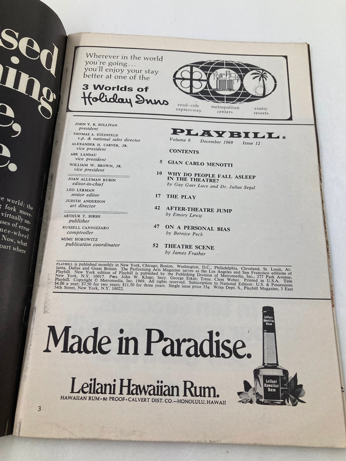 Inside page of the 1969 Playbill from Billy Rose Theatre, highlighting ads and features related to the arts, related to the production of Private Lives.
